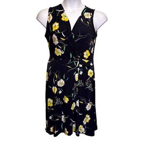 Kaileigh Black Floral Faux Wrap Romantic Cottage Sleeveless Dress Spring Summer